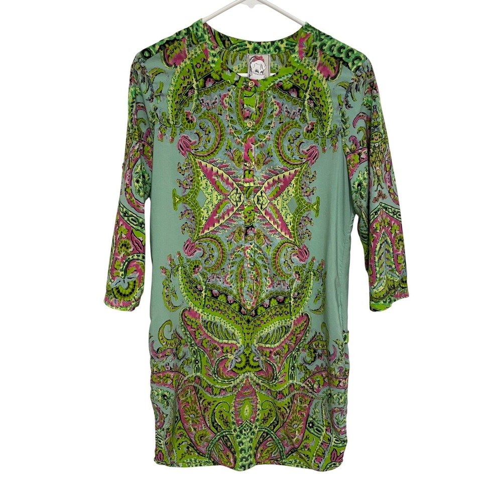 Yoana Baraschi Psychedelic Paisley Print Shift Dress Women's Size M Mint Green